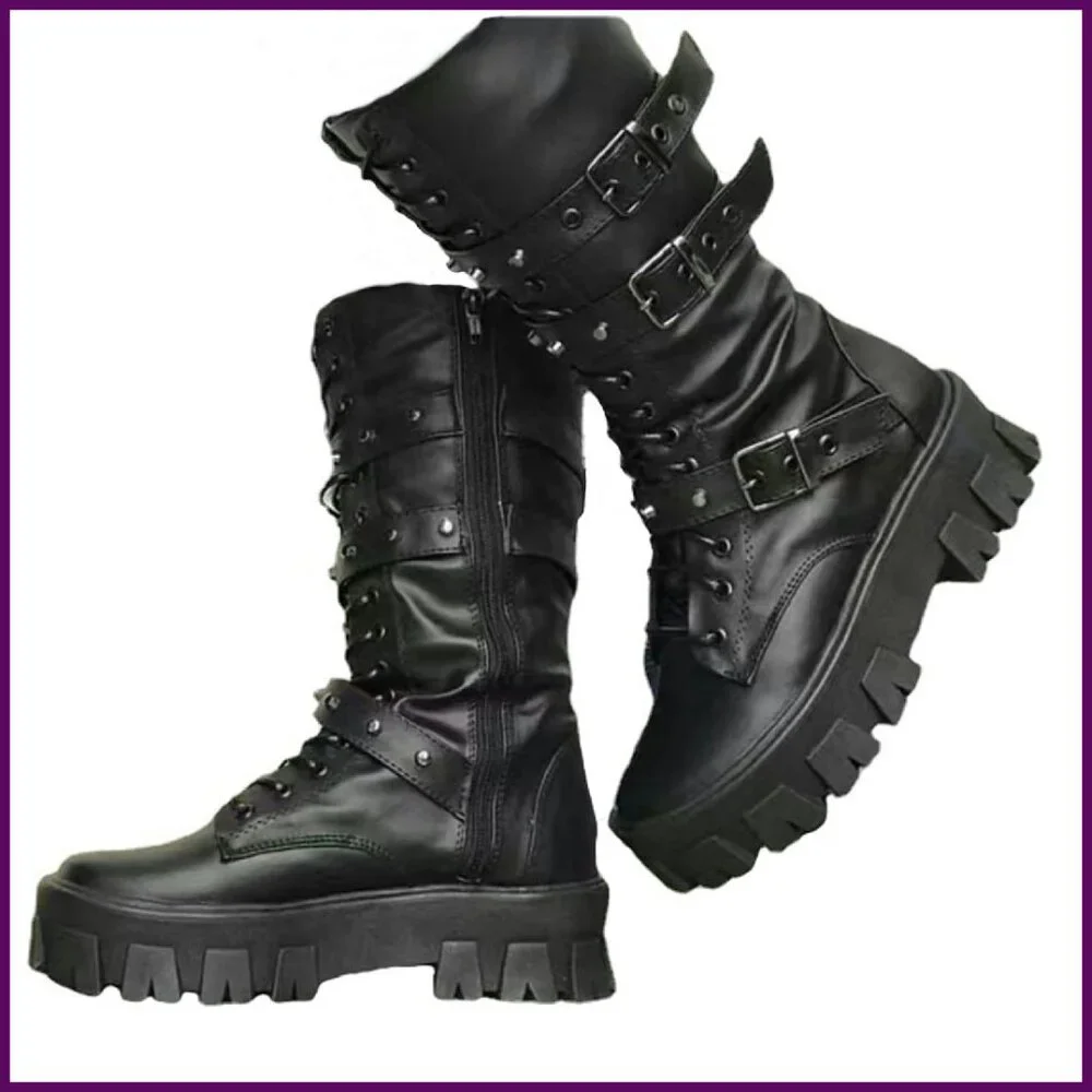 Women's Platform Combat Boots Chunky Heel Side Zip Lace Up Punk Ankle Booties - Picture 1 of 7